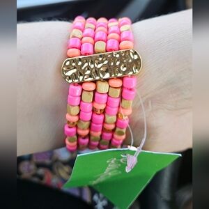 Lilly Pulitzer CORAL PINK STRETCH CUFF BRACELET Gold Metallic Beaded NWT